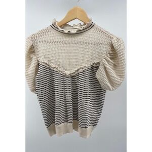 Zara Knit Top Lace Puff Sleeve Striped Cream Black Women Size L